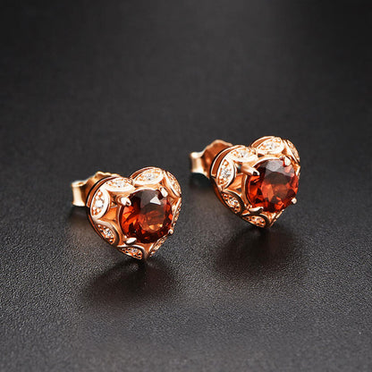 Rose Gold Ruby Garnet Hollow Heart Shape Stud Earrings