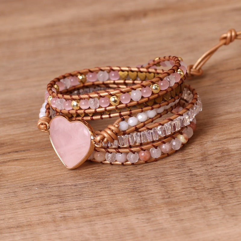 Heart Shape Rose Quartz Weave Beaded Bracelet