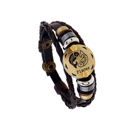 Hand Beaded Zodiac Cowhide Braided Adjustable Fashion Leather Bracelet