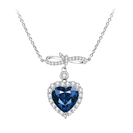 Bow-knot Heart Blue Sapphire Pendant with Worldwide Setting Full Diamond