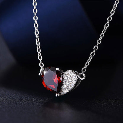 White Gold Half Design Ruby Gem Heart Shape Pendant Chain