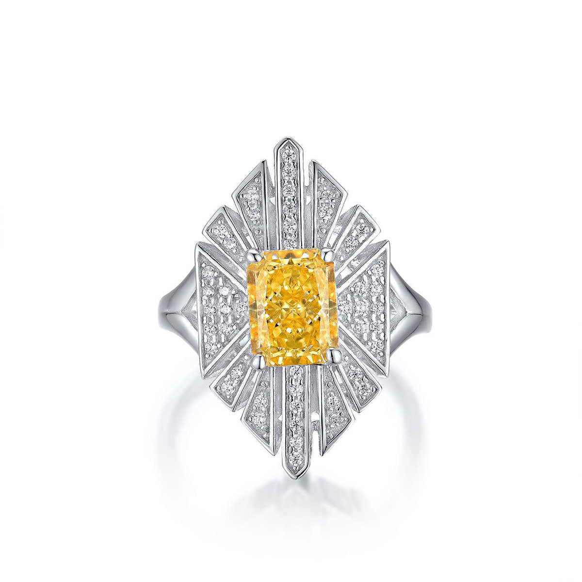 White Gold Shield Shape Yellow Gem Radial Halo Ring