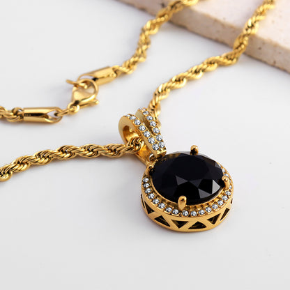 Retro Black Stone Halo Pendant Necklace