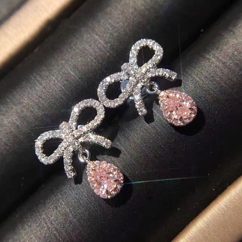 Temperament Bowknot Pink Diamond Earrings Set with Water Drop Pear-shaped Colored Diamond Yellow Zircon Earrings