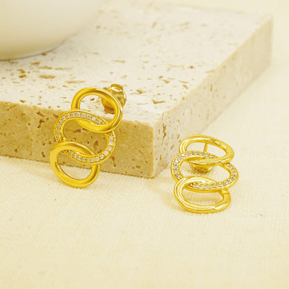 Golden Hammered Triple White Stones Hoop Earrings