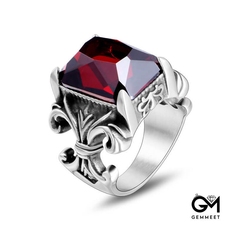 Titanium Steel Royal Flower Red Zircon Ring