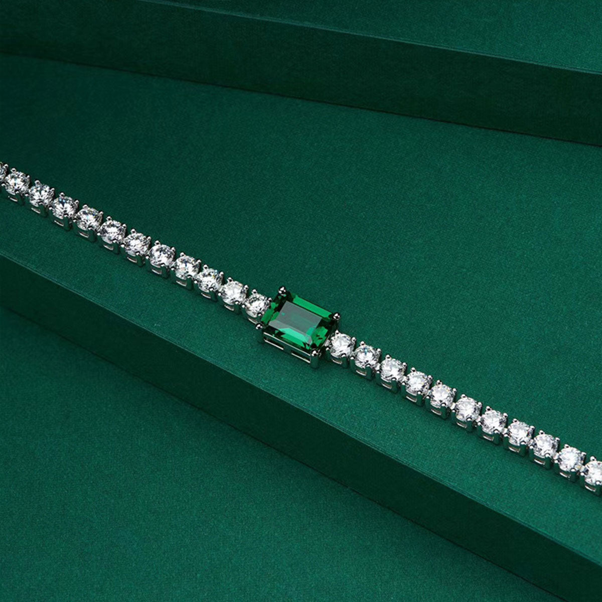 White Gold Square Emerald Gem Tennis Bracelet