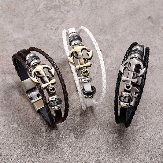 Retro Simple Multi-layer Braided Anchor Leather Fashion Bracelet