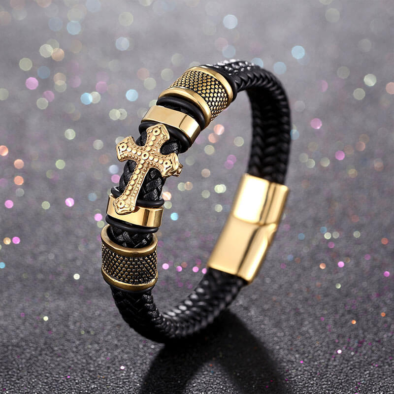 Titanium Steel Cross Leather Braided Bracelet Magnetic Buckle Men's Leather Bracelet