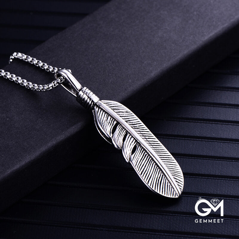 Stainless Steel Feather Turquoise Pendant Necklace