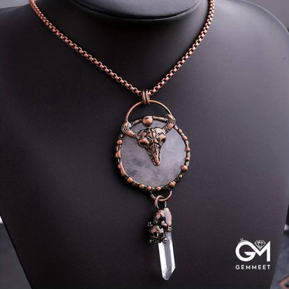 Copper Ox Head With Clear Quartz Gemstone Necklace