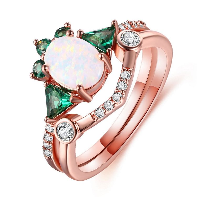 Opal White Zircon Emerald Double Rose Gold Ring