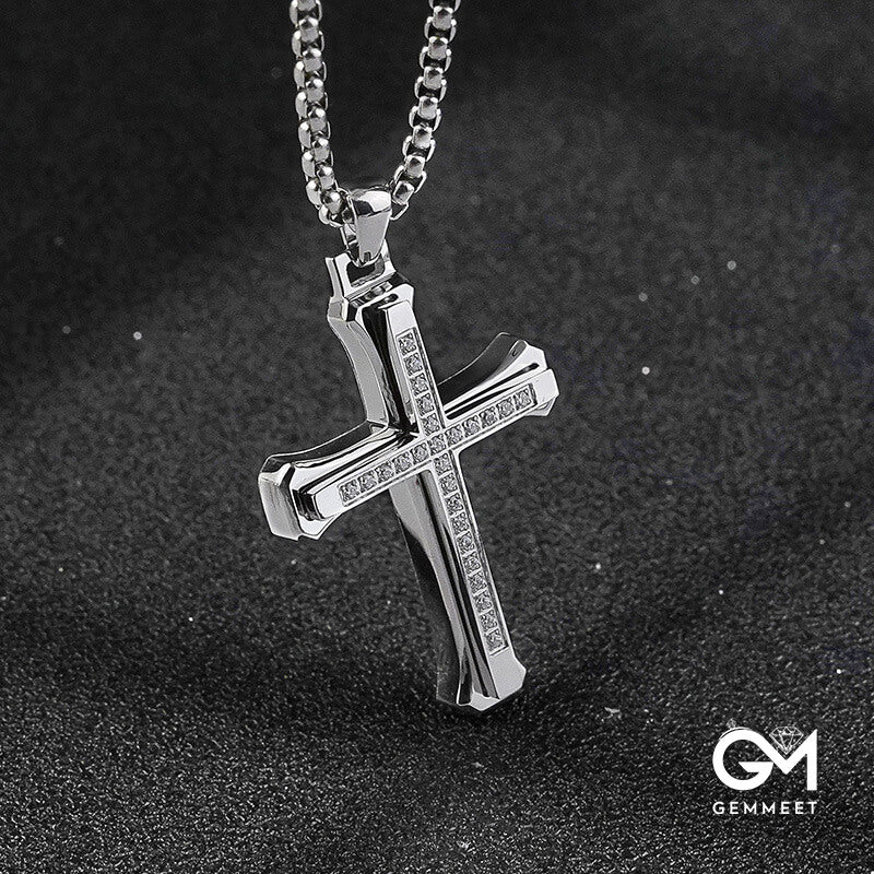 Double Cross Titanium Steel Zircon Necklace