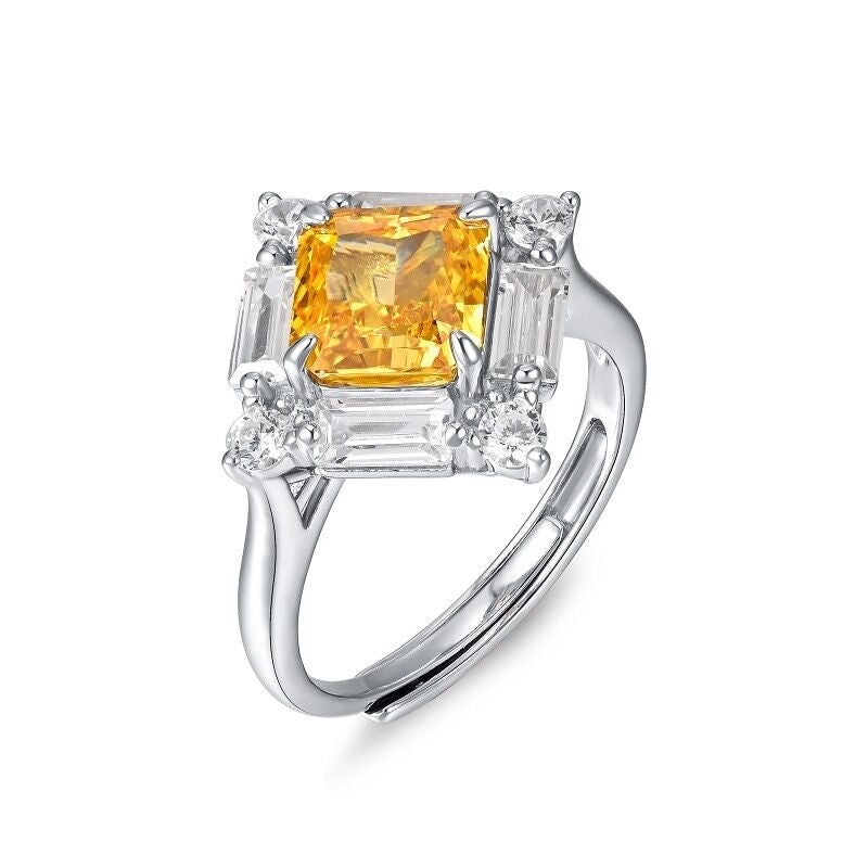 White Gold S925 Silver Square Cut Yellow Gem Signet Ring