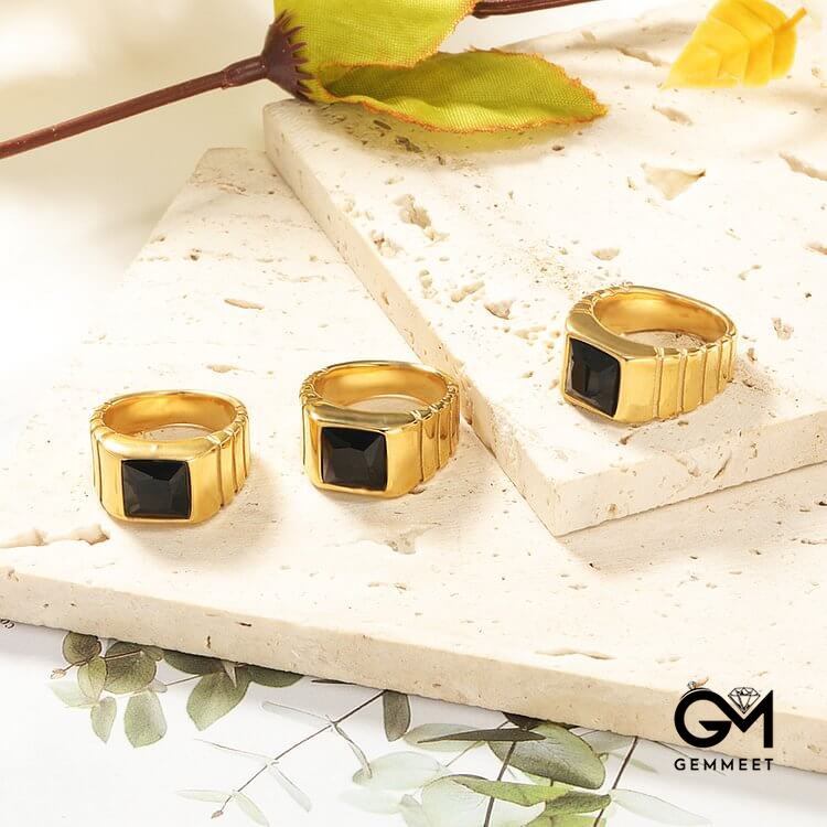 Square Black Onyx Titanium Steel Ring