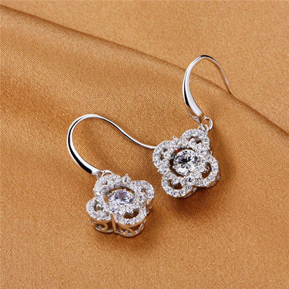 White Gold 4 Leaf Clover Full Stones Beating Dangle Earrings