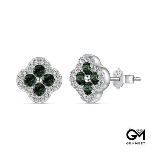 S925 Dark Green White Zircon Four-leaf Clover Flower Earrings