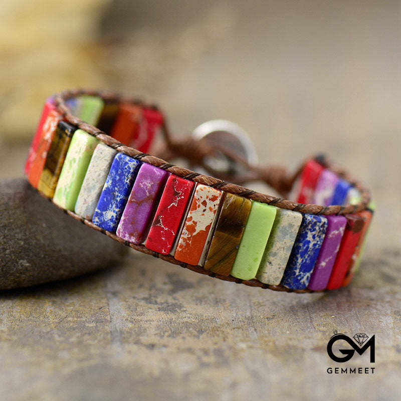 Colorful Synthetic Imperial Stone Leather Handwoven Bracelet