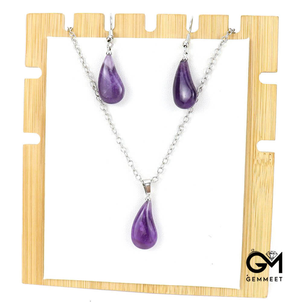 Stainless Steel Crystal Amethyst Drop Pendant Necklace