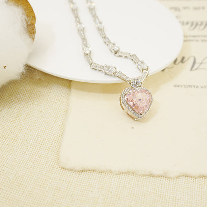 White Gold S925 Pink Gem Heart Stones Pendants Necklace