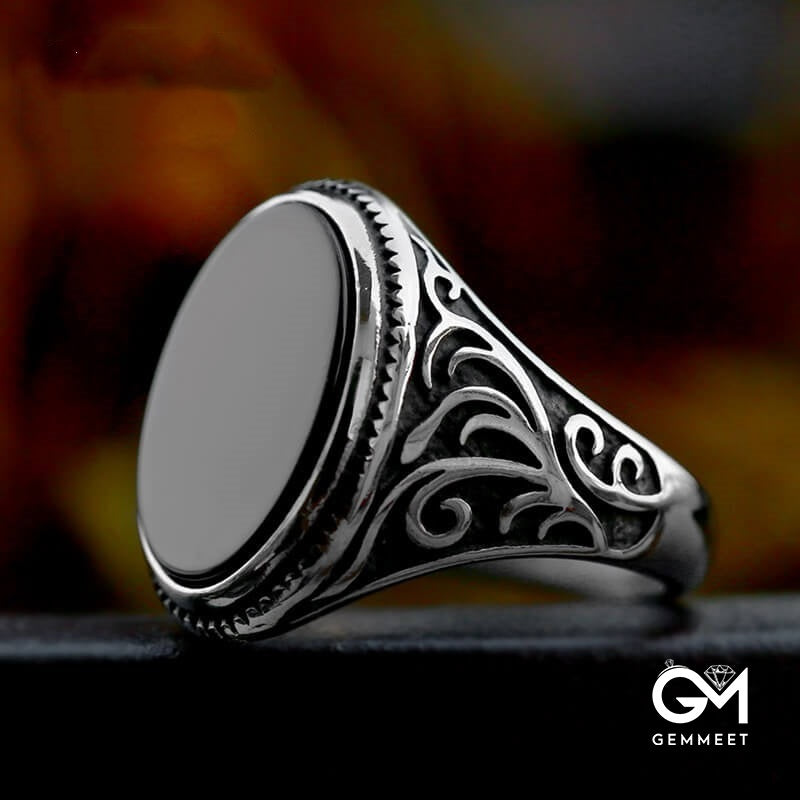 Vintage Viking Stainless Steel Engraved Black Agate Ring