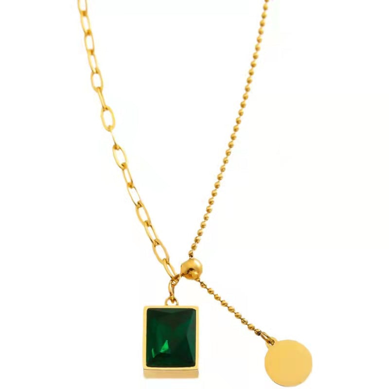 Rectangle Green Crystal Dangle Pendant Chain Necklace