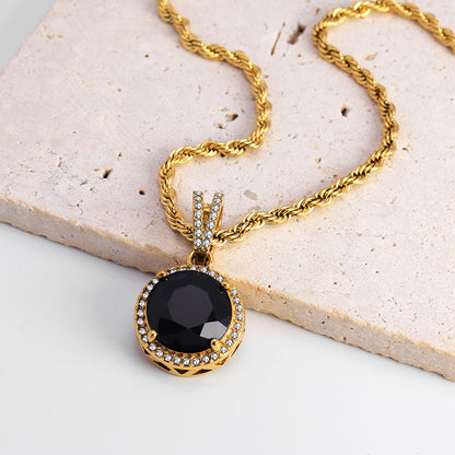 Retro Black Stone Halo Pendant Necklace