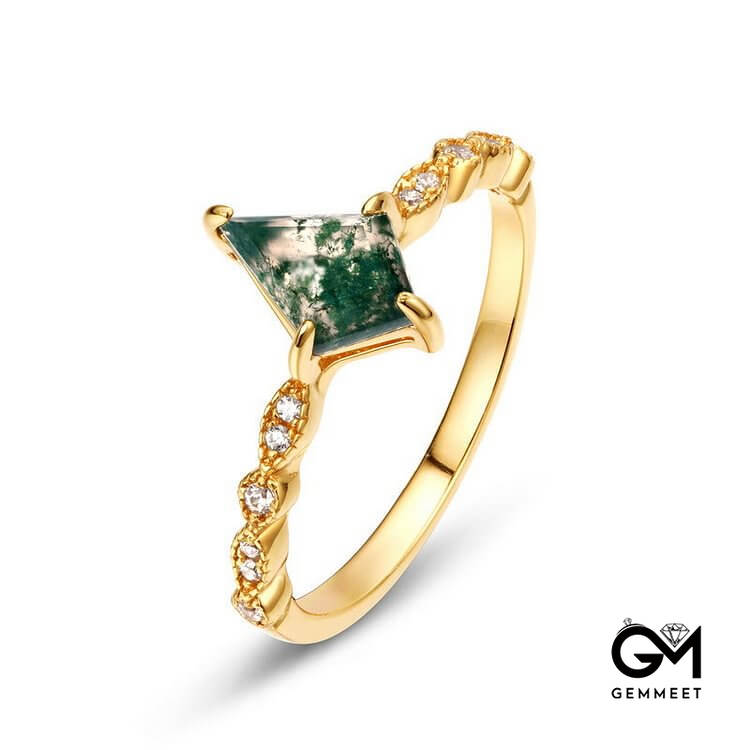 Moss Agate White Zircon Four Prong Ring