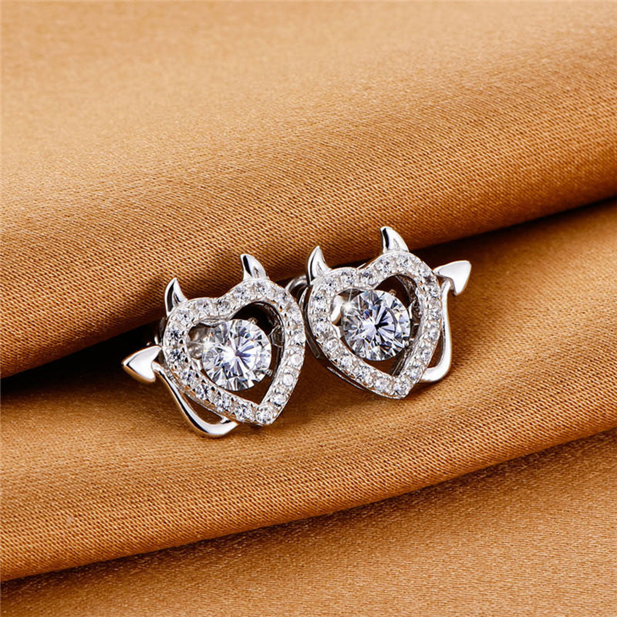 White Gold Little Demon Heart Shape Beating Hollow Stud Earrings