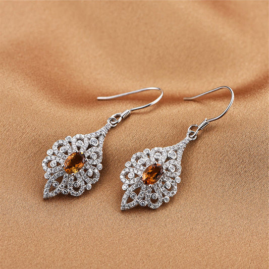 White Gold Hollow Retro Orange Gem Dangle Earrings