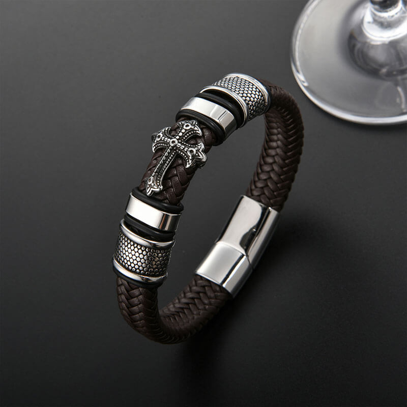 Titanium Steel Cross Leather Braided Bracelet Magnetic Buckle Men's Leather Bracelet