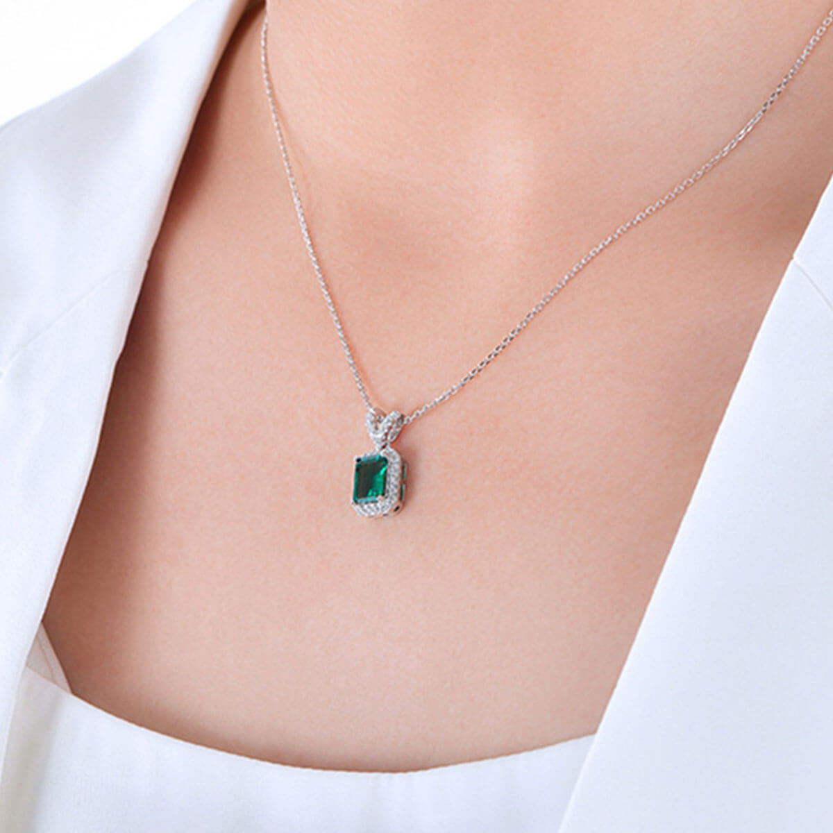 Rectangle Halo Emerald Pendant Chain