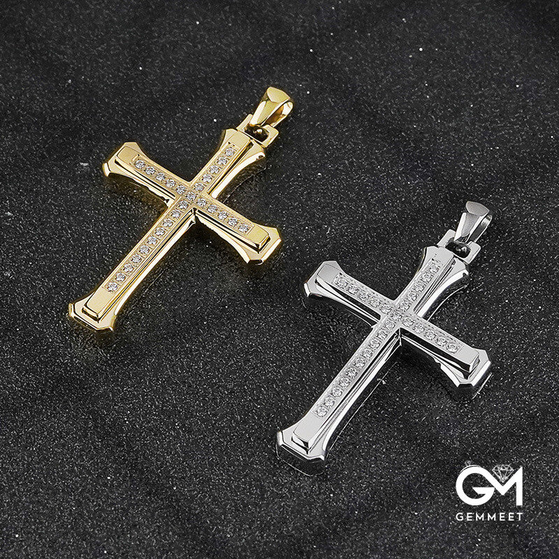 Double Cross Titanium Steel Zircon Necklace