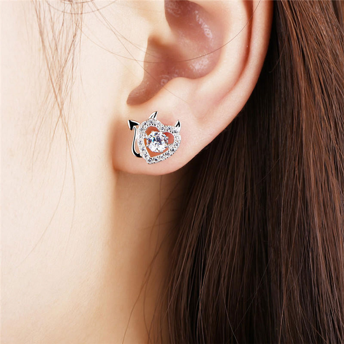 White Gold Little Demon Heart Shape Beating Hollow Stud Earrings