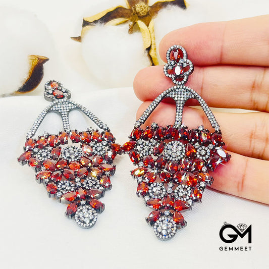 Hollow Big Pear Shape Full Red Stones Drop Earrings