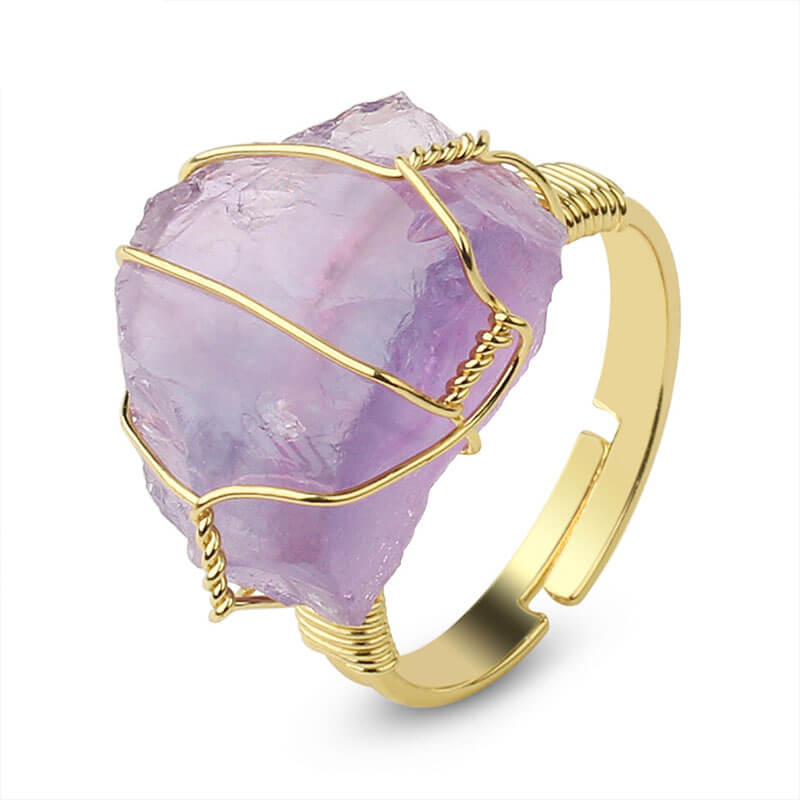 Natural Amethyst Gold Plated Wire Wrap Adjustable Ring