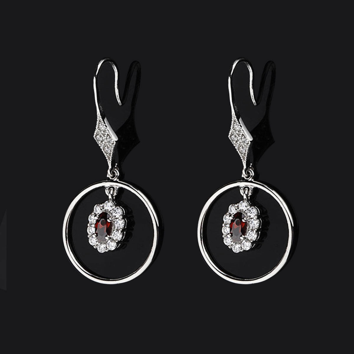 White Gold Olives Shape Ruby Gem Halo Dangle Earrings