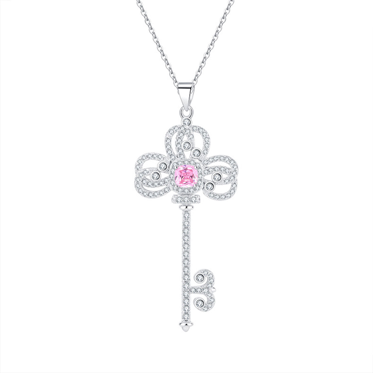 White Gold Classic Iris Key Shape Pink Sapphire Pendant