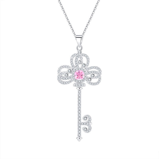 White Gold Classic Iris Key Shape Pink Sapphire Pendant