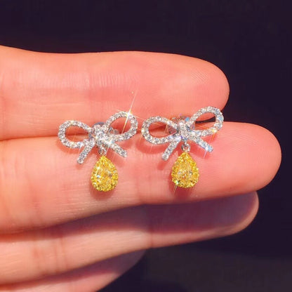 Temperament Bowknot Pink Diamond Earrings Set with Water Drop Pear-shaped Colored Diamond Yellow Zircon Earrings