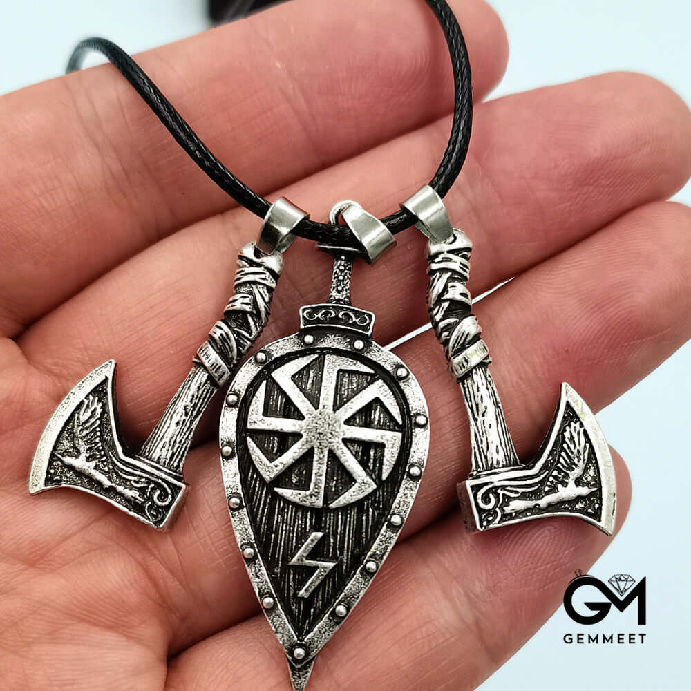 Viking Double Axe Leaf Pendant Men's Necklace