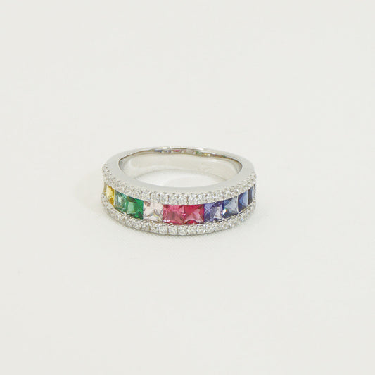 White Gold Rainbow Sapphire Stones Band Ring