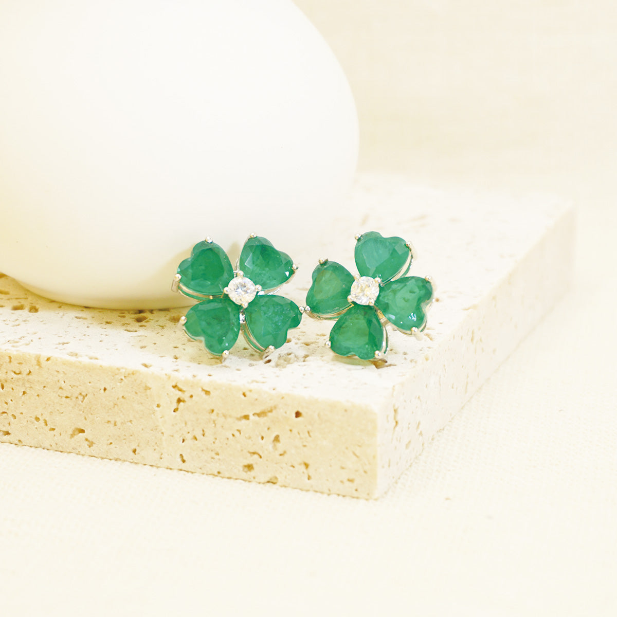 White Gold Four-leaf Clover Green Stones Stud Earrings