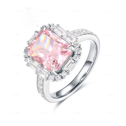 White Gold Rectangle Pink Gem Adjustable Halo Ring