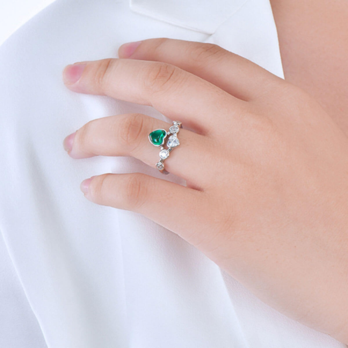 White Gold S925 Silver Double Heart Emerald Ring