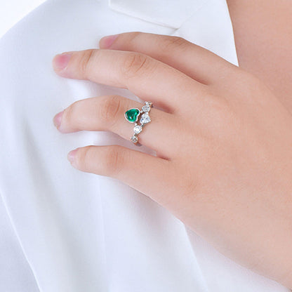 White Gold S925 Silver Double Heart Emerald Ring