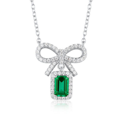 Hollow Bow Tie Emerald Halo Full Stones Pendant Chain