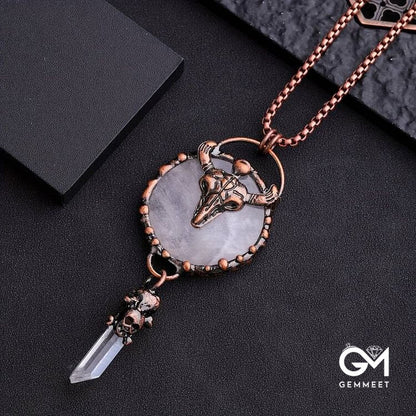 Copper Ox Head With Clear Quartz Gemstone Necklace