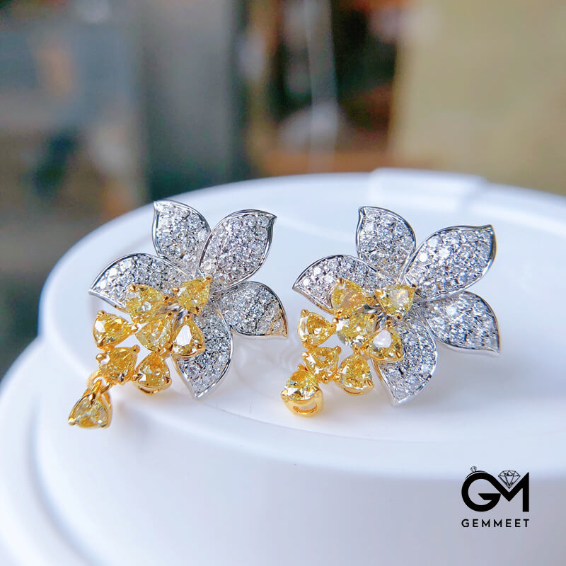 Luxury Micro Pave Asscher Yellow Zircon Flower Stud Earrings