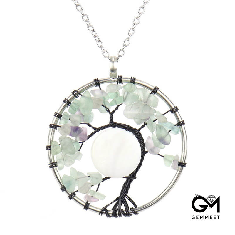 Shell Curved Black Copper Wire Crystal Tree of Life Necklace